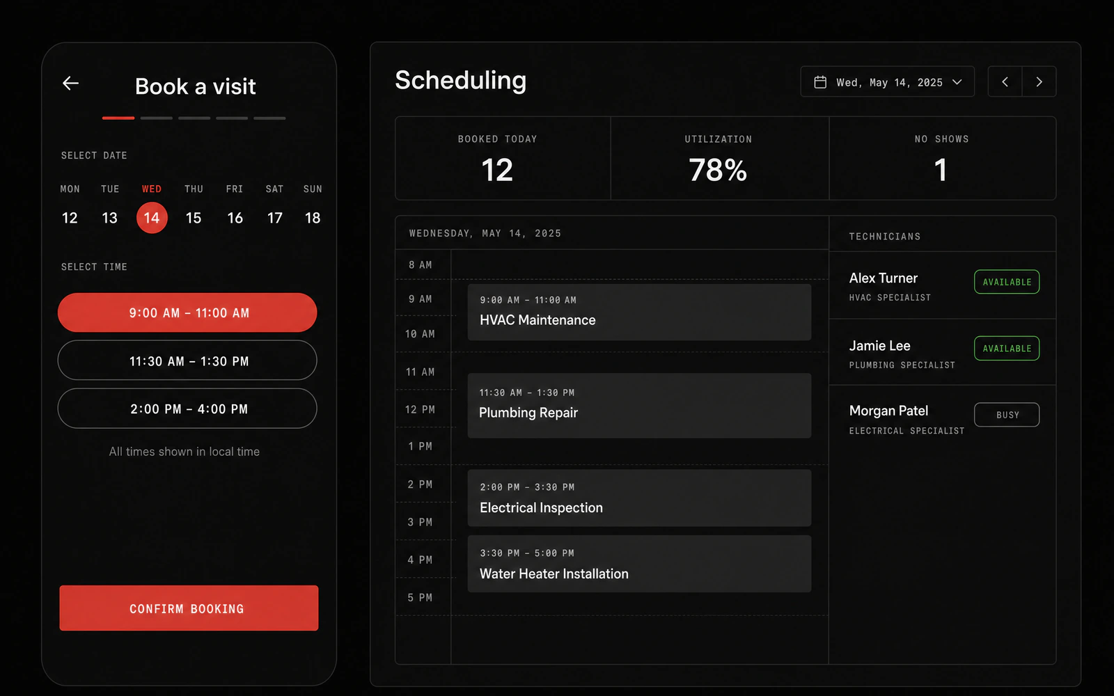 Concept mockup of a custom booking product: a mobile booking app beside the web scheduling dashboard that runs behind it