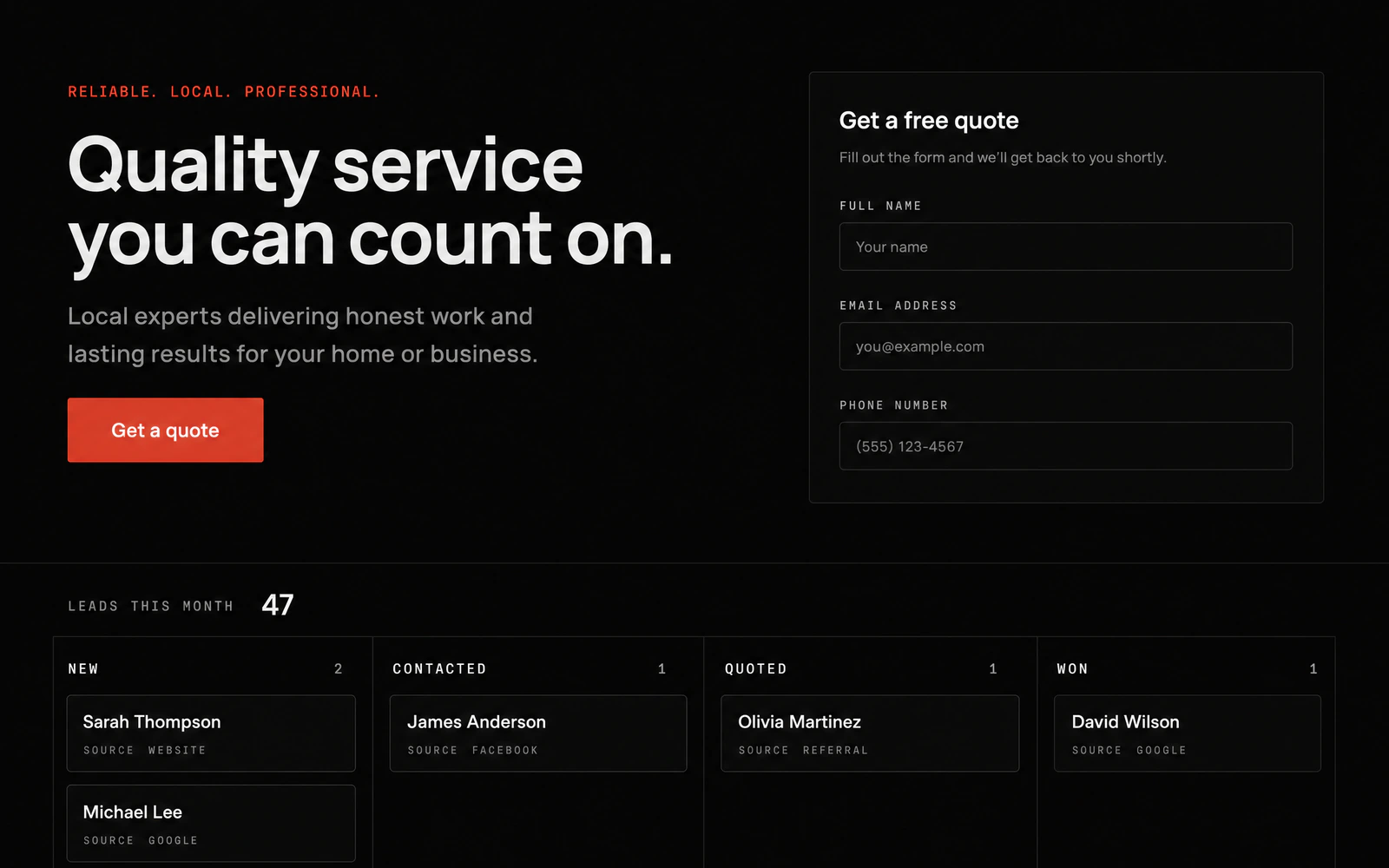 Concept mockup of a lead capture system: a service business landing page with a quote form above a four-stage leads pipeline